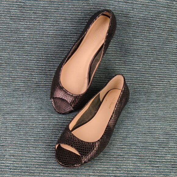 Cole Haan Shoes - Cole Haan Morgan Peep Toe Ballet Flats Black Leather Uppers Embossed Snakeskin